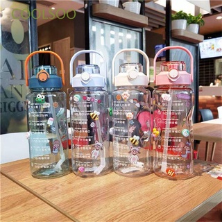 COOLSOO 2L Cartoon Stickers Large Capacity Scale BPA Free Water Bottle Portable Sports Bottle Graduated Student Bottle Fitness With Straw/Multicolor