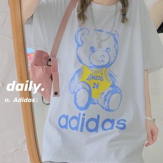 Adidas T-shirt mujer trébol de manga corta suelta algodón media manga superior deportes al aire libre moda Casual lindo oso patrón de impresión pareja camiseta (4)