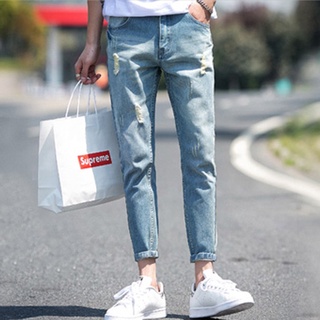 Moda nuevo agujero tattered jeans slim recto casual primavera verano hombres Denim beggar pantalones