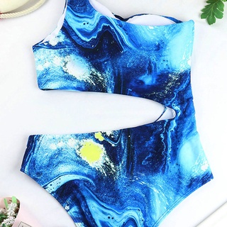 handyou de un hombro de cintura alta azul impresión hueco de las mujeres de una sola pieza traje de baño bikini para la piscina (7)