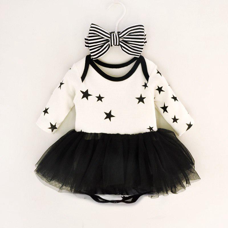 Pentagrama arco manga larga malla fiesta bebé niñas vestido + diademas ropa infantil