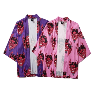Púrpura rosa impresión demonio mujeres Harajuku Cardigan Kimono Cosplay verano suelto Tops Casual Kimonos