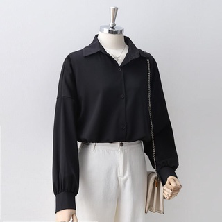 Camisa Negra para mujer2020Otoño nuevo estilo coreano suelta Camiseta de manga largaOLCasual versátil Color sólido Polo cuello camisa (1)