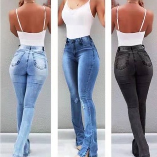 mujer cintura alta retro jeans llamarada pantalones elásticos slim campana inferior denim pantalones