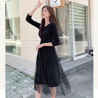 [venta por tiempo limitado] otoño nueva mujer coreana onda punto malla manga larga vestido de longitud media de punto delgado falda de fondo