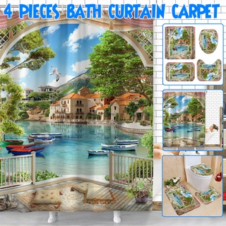 paisaje conjuntos de cortina de ducha con alfombras antideslizantes tapa de inodoro cubierta de baño alfombra impermeable cortina