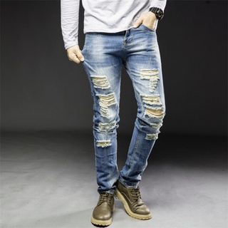 hombres jeans color sólido agujeros recto slim fit pantalones largos pantalones casuales (8)