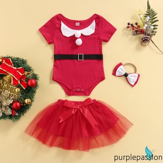 Purp-baby Girl mameluco Tops, falda diadema traje, manga corta cuello redondo pijama capas vestido de malla para navidad