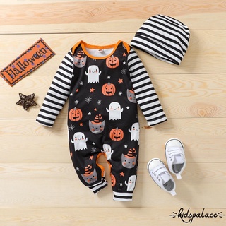 Bbq-Babies Halloween juego de ropa de dos piezas, calabaza y rayas impresos patrón mameluco y gorra