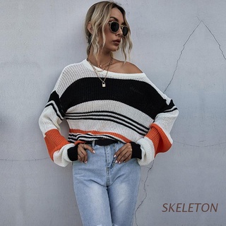 SKELETON Women Long Sleeve Knit Striped Sweater Round Neck Patchwork Color Block Pullover