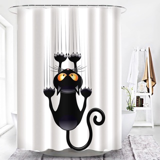 cortinas de ducha impresas gato negro productos de baño decoración de baño con ganchos impermeables (2)