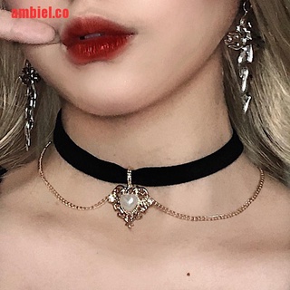 【ambiel】Vintage Velvet Black Choker Love Heart Pendant Necklace For Wo