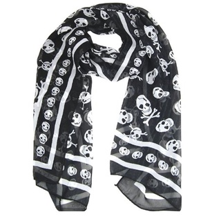 READY STOCK Black Chiffon Silk Feeling Skull Print Fashion Long Scarf Shawl Scaf Wrap For Women + Keyring