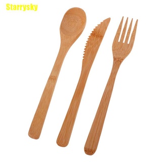 {[Starrysky]} 1 juego de cubiertos de viaje de bambú, tenedor, cuchara reutilizable, herramienta de cocina (9)