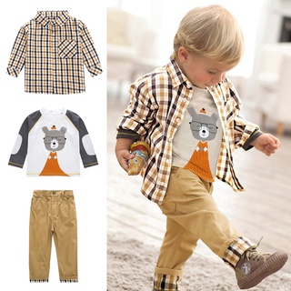 Toddler Kids Baby Girls Boys Cartoon Long Sleeve Tops +Pants +Plaid Coat Outfits