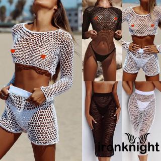 Fresas -mujeres Sexy Crochet malla trajes de baño verano playa vestido puro Bikini cubrir caliente