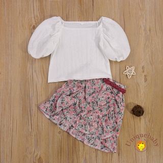 Unigirls conjunto de ropa, Color sólido manga corta cuello cuadrado Tops + falda de impresión Floral con cintura (1)