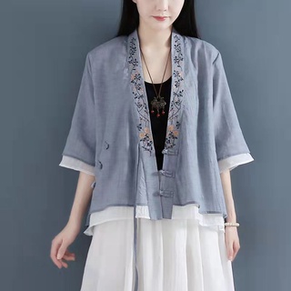 Verano bordado arte Tops Vintage algodón lino delgado más el tamaño Casual blusa de las mujeres abrigo ropa