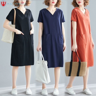 waylon0259 PS Women Maternity Dress Soft Breathable Comfortable Clothes Solid Color V-neck Short-sleeved Loose Mid-length T-shirt Skirt