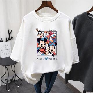 Camiseta Mujer Primavera Retro Simple Manga Corta Camisa Blanca Cuello Redondo Suelto Mickey Mouse Patrón