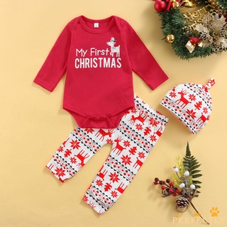 Pft7-conjunto de trajes navideños para bebé, estampado de letras, manga larga, pijama de cuello redondo, pantalones y gorra anudada
