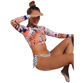 shein^_^ mujer sexy leopardo lunares manga larga protector solar strappy split traje de baño (3)