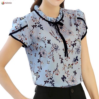 blusa de manga corta con estampado floral para mujer/camisa de gasa suelta para oficina diaria