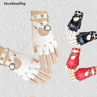 Honfawfby Womens Leather Half Finger Gloves Punk Rivets Belt Gloves Halloween Party Punk *Hot Sale