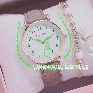 [Reloj + pulsera] Reloj de mujer Reloj de cuarzo analógico Dial de puntero luminoso Reloj de cuero informal para mujer