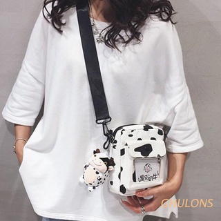 ghulons harajuku vaca patrón bolsa de lona de las mujeres de hombro mensajero transprant crossbody bolsas con lindo colgante
