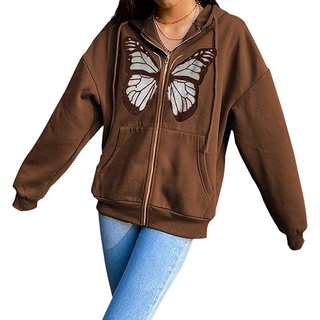 Women's Hoodie Butterfly Graphic Oversized Sweatshirt Zip Up Long Sleeve Jacket