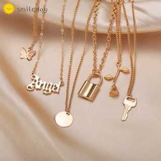 6 unids/Set coreano mariposa cerradura colgante collar conjunto de joyería conjunto de cadena de oro gargantilla collares mujeres niña accesorios