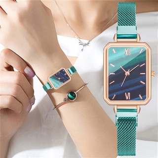 relojes cuadrados de cuarzo para mujer/pulsera con esfera verde simple magnética con correa de malla de lujo para mujeres