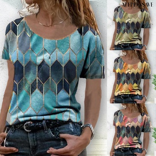 Alepposave mujer camiseta rombo impresión suelta verano más el tamaño de manga corta blusa para citas