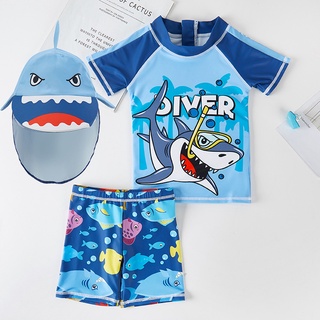 1-8 Años Niño Dos Piezas Trajes De Baño Azul Claro Tiburón Impresión Niños Traje Con Gorra