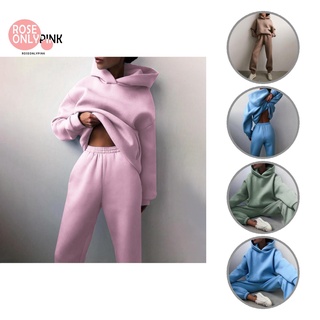 [Roseonlypink] Mid Waist Hoodie Suit Long Sleeve Soft Women Sports Suit Loose for Daily Wear