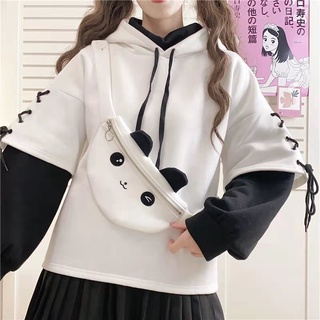 Harajuku Panda sudaderas con capucha mujerblanco negro Patchwork sudaderas con capucha de manga larga encaje hasta sudadera con capucha jersey