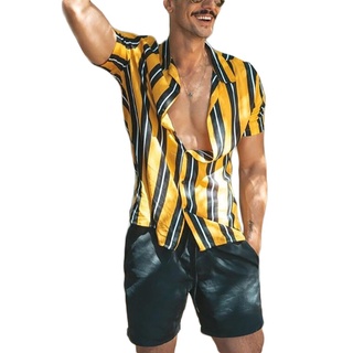 Mr Camisa de Manga corta con botones de rayas amarillos para hombre