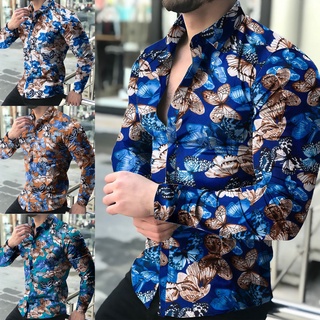 camisa de verano mariposas impresión botones hombres manga larga solapa top para fiesta