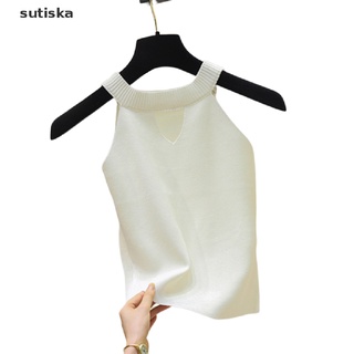 Sutiska Women Knitted Tank Tops Solid Camisole Halter Neck Vest Knit Crop Top Cami Slim CO