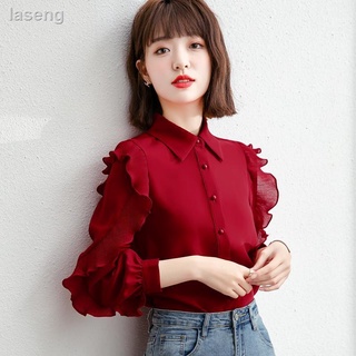Nueva flor de verano 2021 fesyen nueva camisa roja de manga larga mujeres primavera guerrero gasa principios de temporada flores (1)