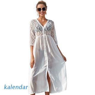 KALEN Women 3/4 Sleeves Chiffon Maxi Beach Dress Sheer Floral Lace Patchwork Kimono Cardigan Button V-Neck Swimsuit Cover Up
