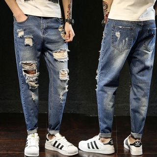 Ripped Jeans Hombres S Ins Estilo Recto Suelto Todo-Partido Mendigo Pantalones De Moda Ruffian Guapo Niños Nueve Puntos (4)