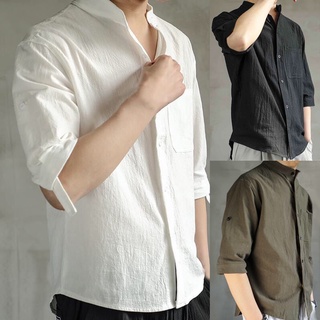 media manga casual camisa cuello de pie suelto botones cierre color sólido hombres camisa superior (1)
