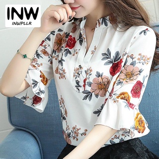 inwpllr casual floral blusas camisas de las mujeres de la moda tops femenino coreano v-cuello de manga corta camisas de verano más el tamaño de las mujeres blusas