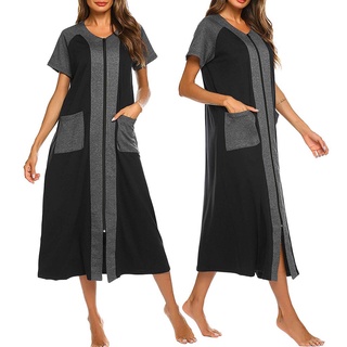 [EXQUIS]Women's Short Sleeve Zipper Robe Long Nightgown Lougewear with Pockets (1)