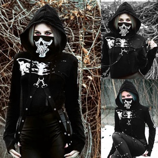 Gothic Punk Hooded Hoodies Women Black Skeleton Print Mask Long Sleeve Crop Tops Fashion Halloween Top Sweatshirt S