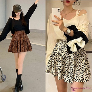 Up []-falda de estampado de leopardo Vintage para mujer/falda corta elástica Casual de cintura alta A-line plisada