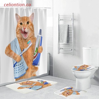 celio 4PCS/Set Toothpaste cat Shower Curtain Bath Curtain Waterproof Polyester Shower Curtain Non-Slip Bathroom Rugs Bath Mat Set Toilet Lid Cover+12 Hooks, 72x72in
