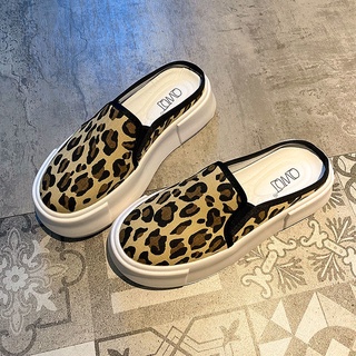 Leopard print Baotou media zapatillas de las mujeres desgaste versátil pequeño blanco zapatos de lona fuera 2021 día 2021 bfhf551.my10.23